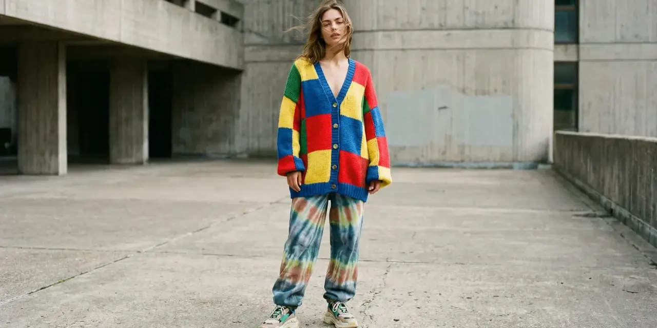 Jeune femme portant un gilet coloré style oversize et un pantalon tie-dye, devant un bâtiment en béton.