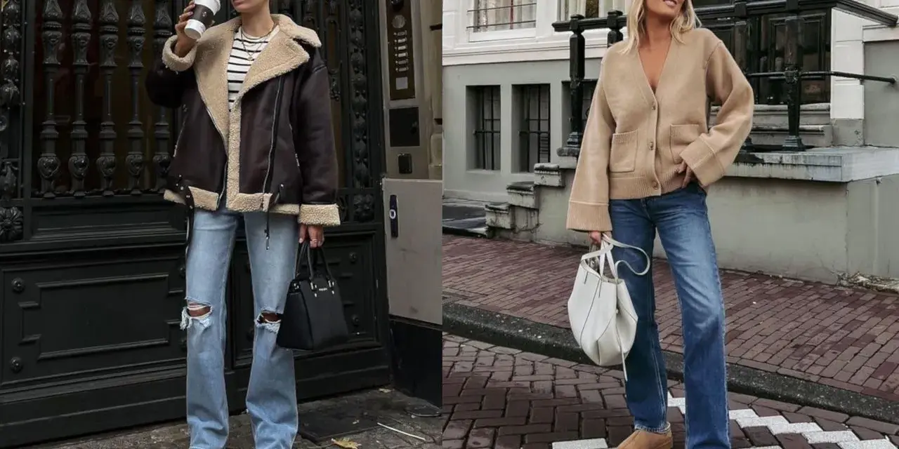 Deux femmes portent des tenues décontractées avec des jeans et des chaussures confortables. L'une a une veste aviateur marron et l'autre un cardigan beige. La tenue avec ugg noir est une option stylée pour l'automne.
