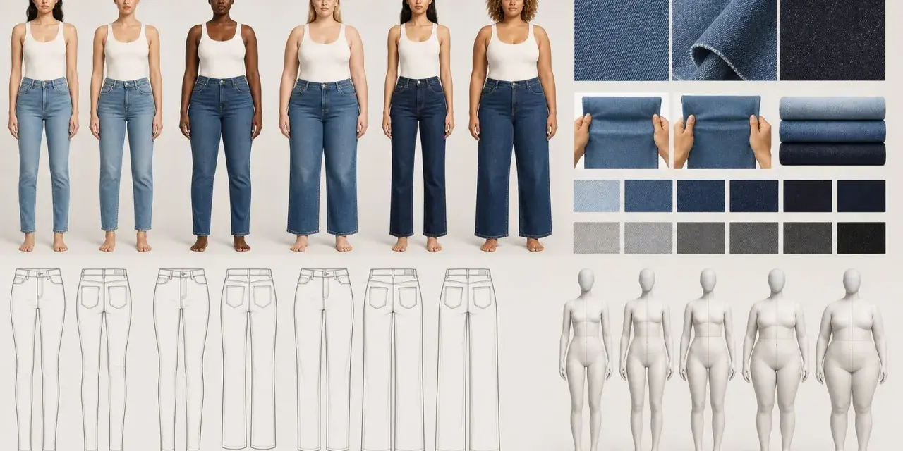 Six mannequins présentent différents modèles de jeans, accompagnés d'échantillons de tissus et de croquis. Le style de jean varie, du slim au large.