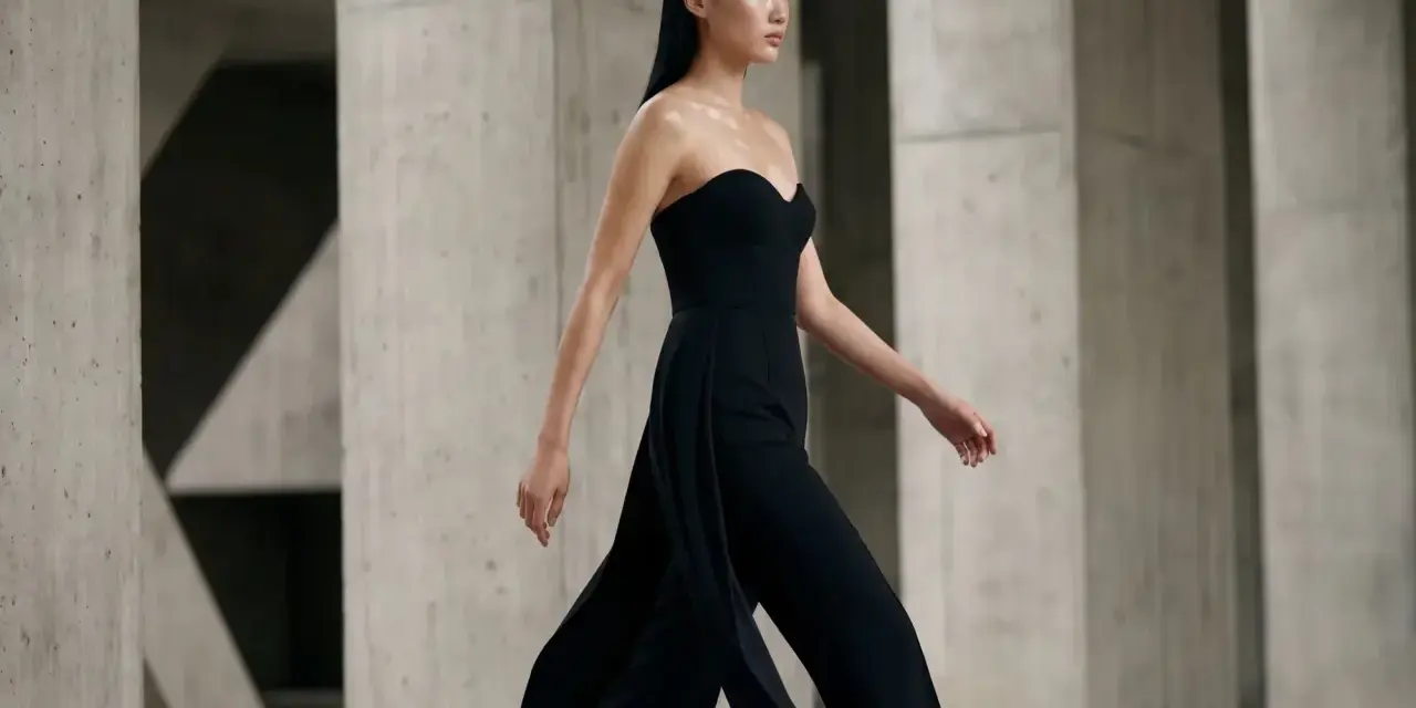 Mannequin portant une combinaison noire bustier, avec des jambes évasées. Quelles chaussures avec une combinaison noire ? Des talons fins pour allonger la silhouette.