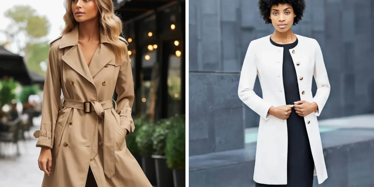 Deux femmes portent des manteaux élégants. L'une est en trench beige classique, l'autre en manteau blanc chic.