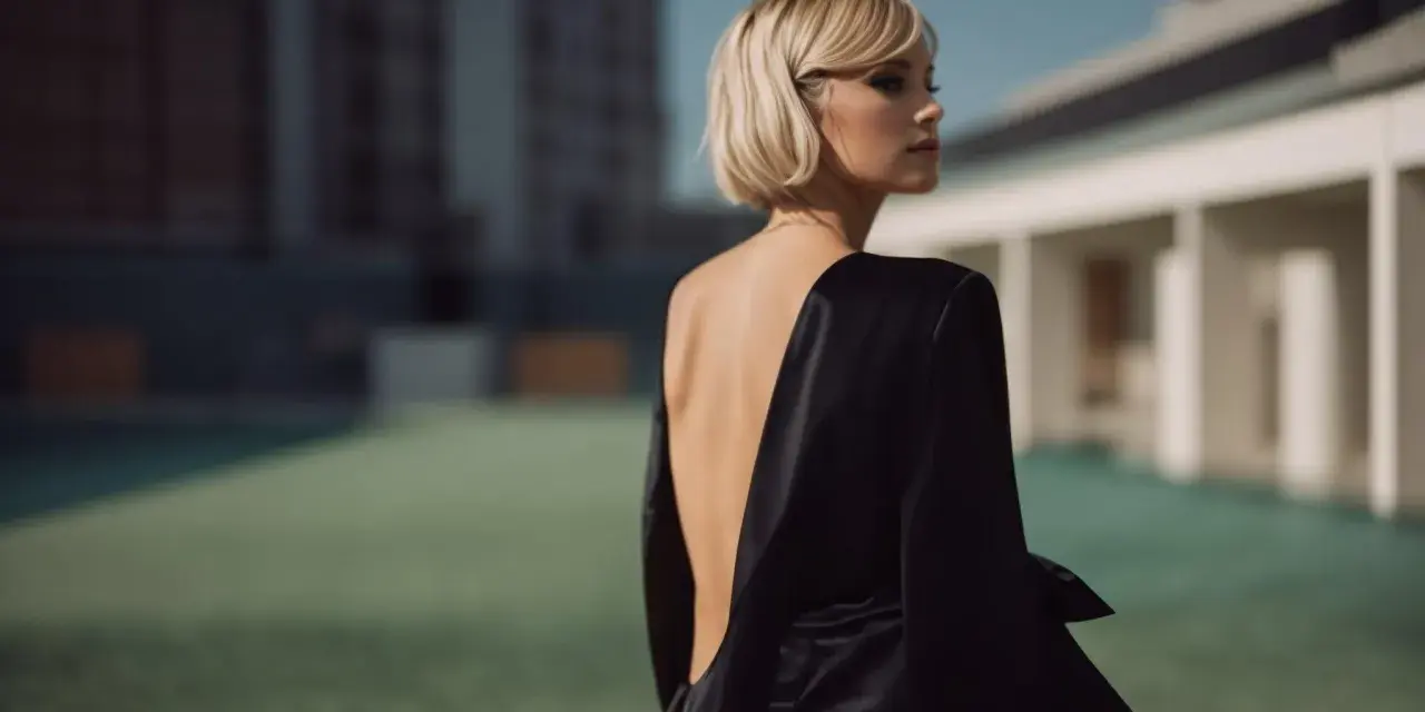 Une femme au style glamour, dos nu dans une robe noire satinée, pose devant un bâtiment moderne.