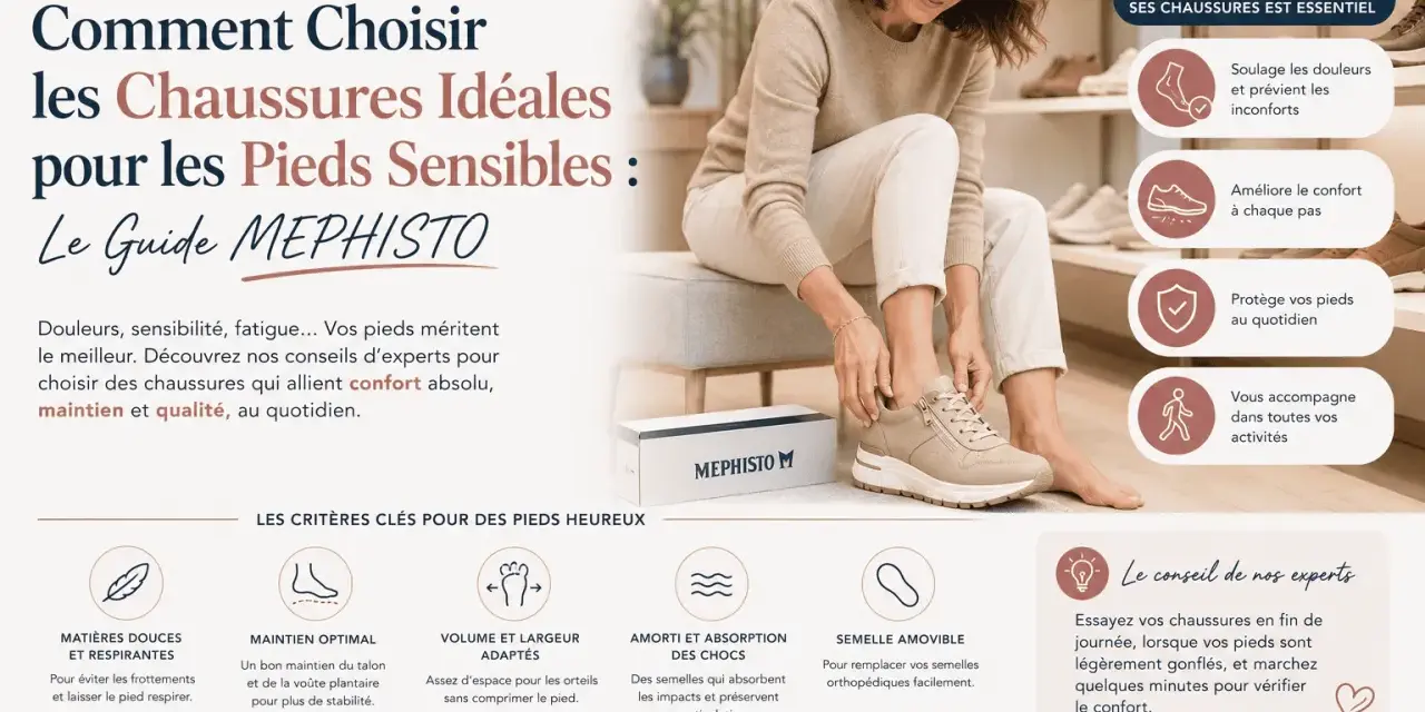 Une femme ajuste une chaussure Mephisto, guidant vers le choix de chaussures idéales pour un pied maigre sensible, offrant confort et soutien.