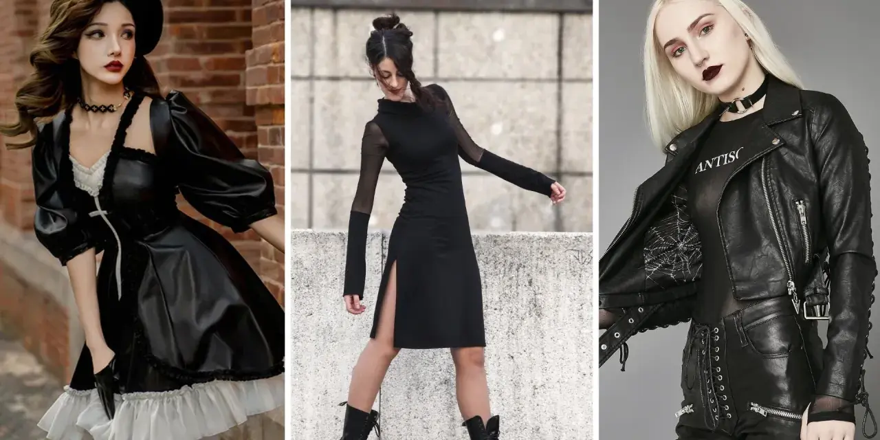 Trois femmes arborent un style gothique moderne : une en robe victorienne noire et blanche, une en robe noire fendue et résille, et une en perfecto, t-shirt résille et pantalon lacé.