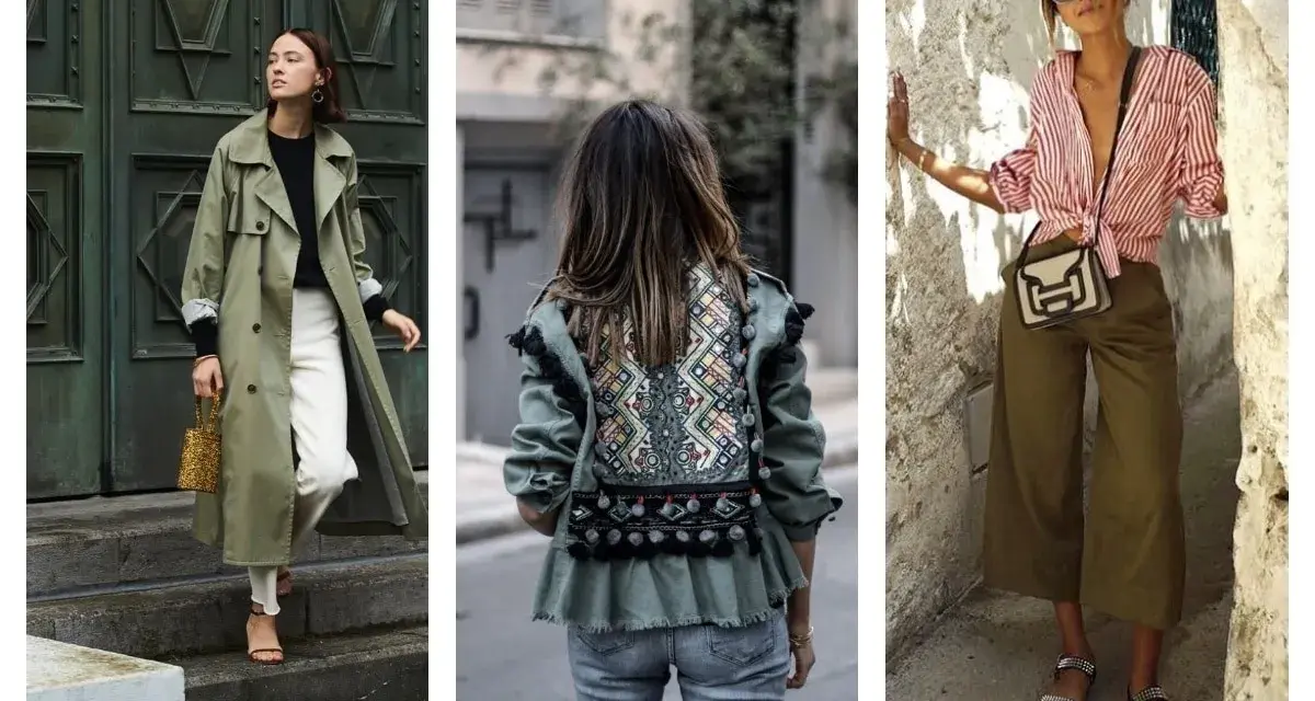 Trois looks stylés : trench kaki avec pantalon blanc, veste kaki brodée, et pantalon kaki avec chemise rayée. Quelle couleur avec le kaki ? Le blanc, le rouge, et les motifs ethniques !
