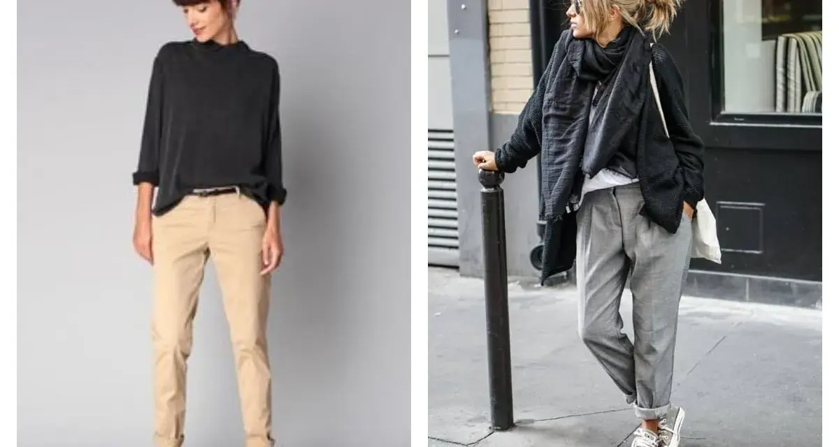 Deux looks pour savoir quelles chaussures avec un chino femme : des derbies noires avec un chino beige, ou des baskets avec un chino gris.