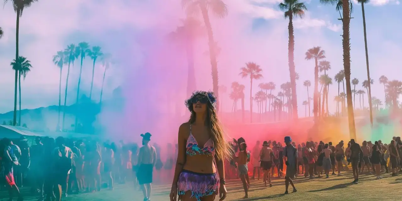Ambiance festive au thème Coachella, avec une foule sous des palmiers et des nuages de fumée colorée rose et bleue.