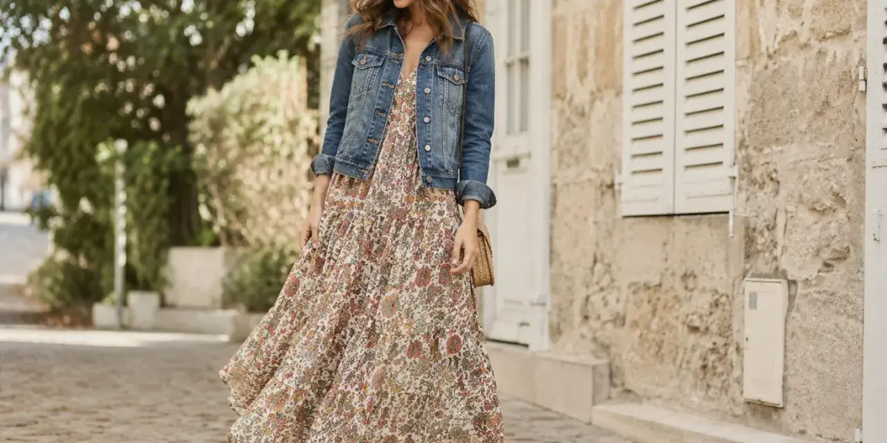 Quelle veste avec une robe longue fleurie, un look bohème chic pour une balade ensoleillée.