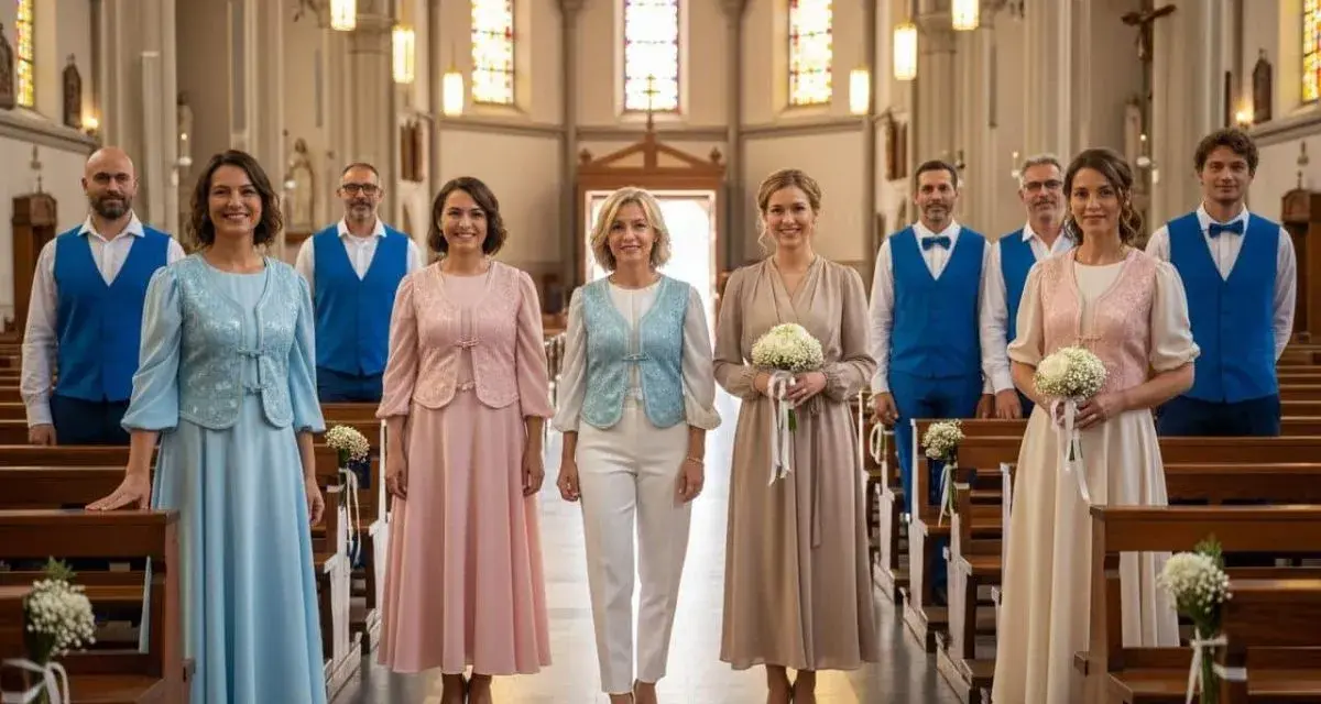 Des femmes en robes pastel et hommes en gilets bleus, une inspiration pour comment s'habiller pour une communion.