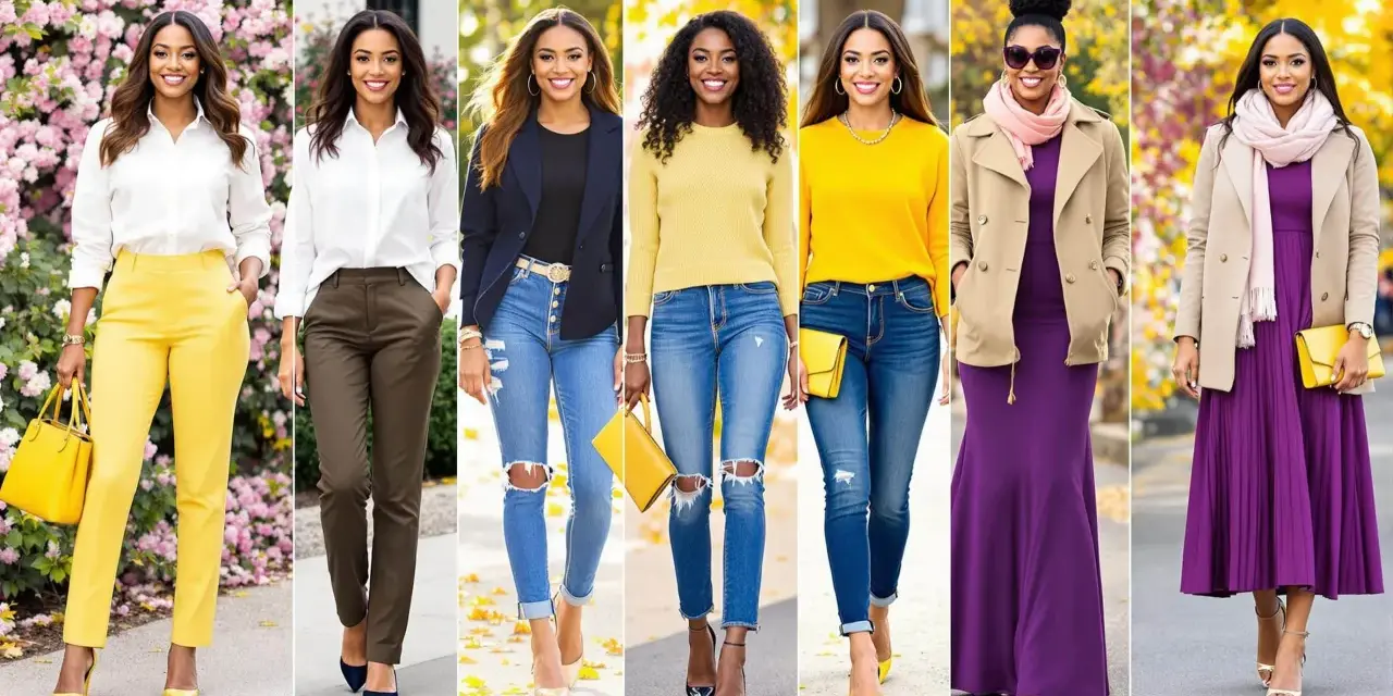 Six femmes portent des tenues élégantes. La première porte un pantalon jaune moutarde. Quelle couleur va avec le jaune moutarde vêtement ? Le violet et le beige sont de bons choix.