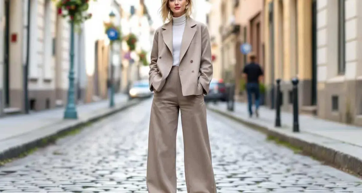 Une femme porte un tailleur pantalon large beige, un col roulé blanc et des sandales. Parfaites quelles chaussures avec un pantalon 7/8 !