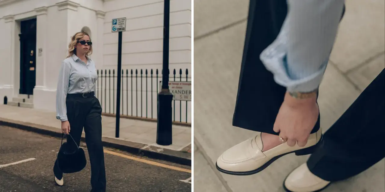 Pour un look hivernal chic, quelles chaussures avec un pantalon large ? Des mocassins beiges élégants complètent parfaitement ce pantalon fluide et cette chemise rayée.