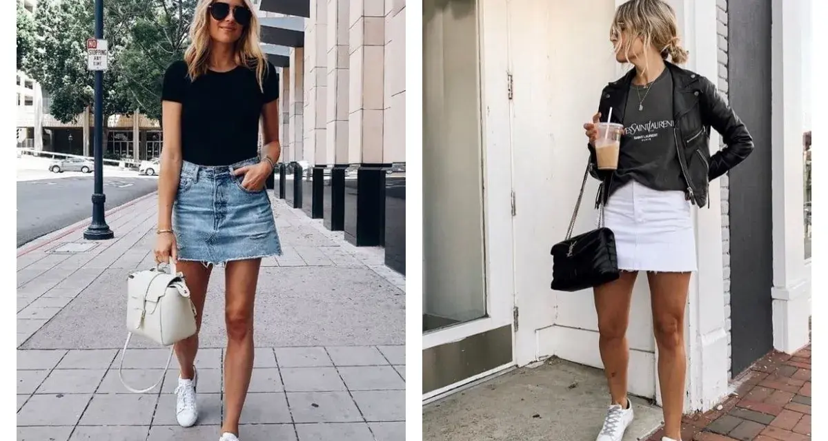Deux femmes portent une jupe en jean et des baskets. L'une a une jupe en jean bleue décontractée, l'autre une jupe blanche.