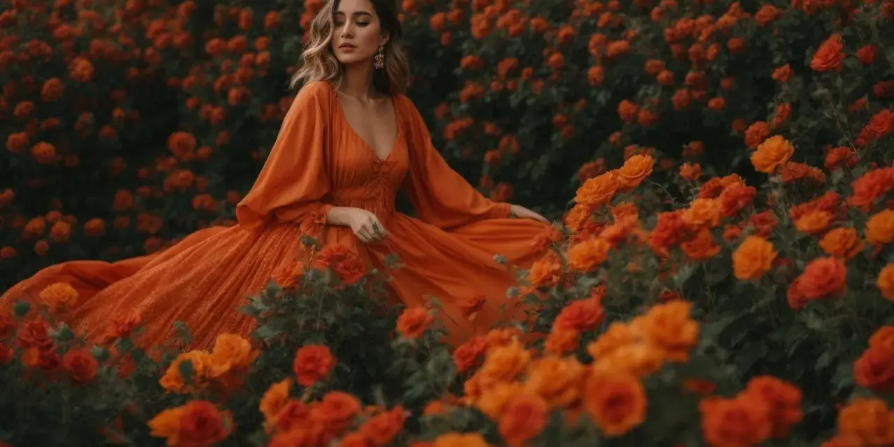 Femme en robe orange, style bobo, au milieu d'un champ de roses orangées.