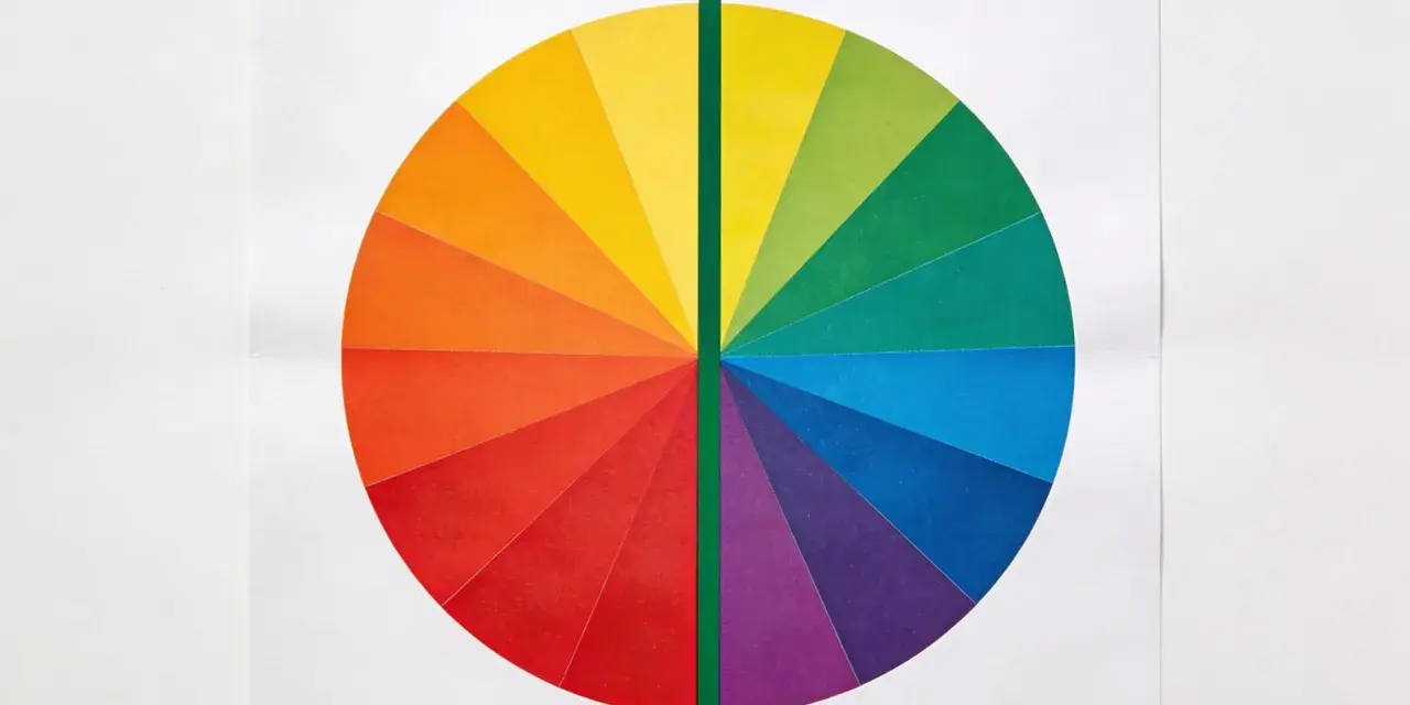 Roue chromatique divisée en couleurs chaudes (rouge, orange, jaune) et froides (vert, bleu, violet). Un test de colorimétrie visuel.
