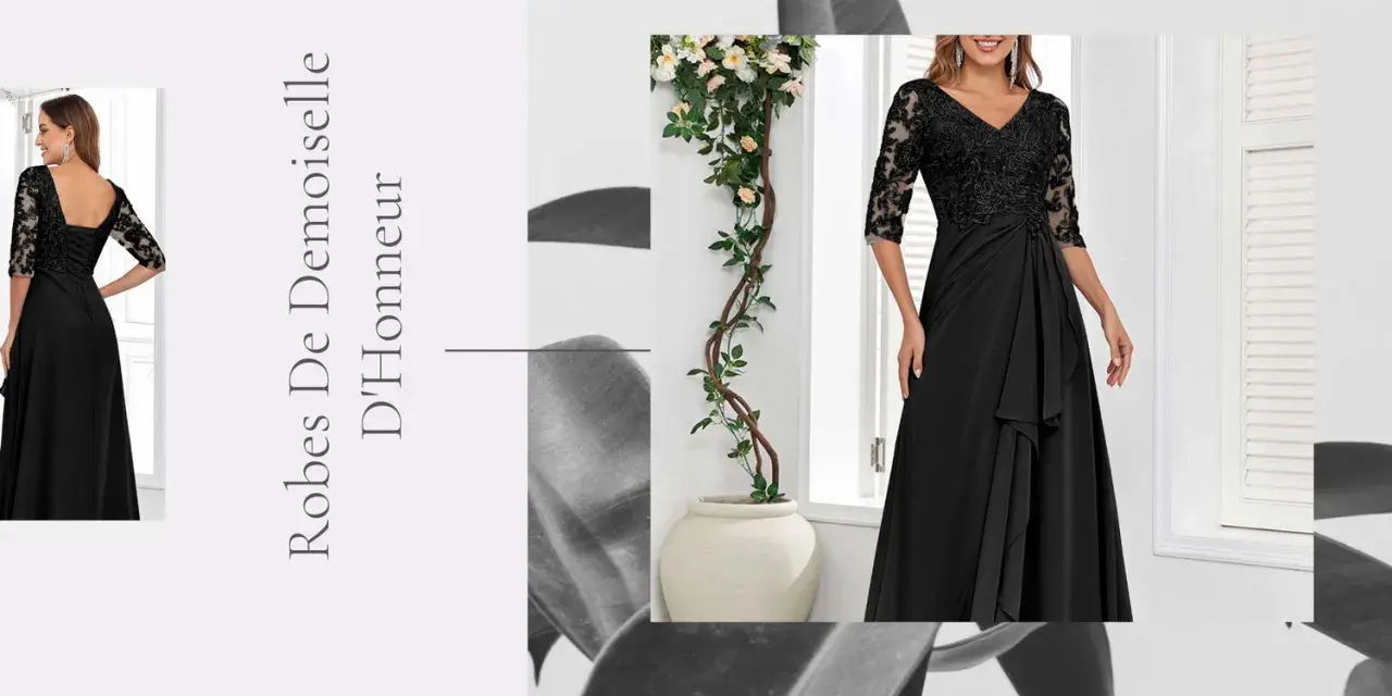 Une élégante robe de demoiselle d'honneur noire avec des manches en dentelle.