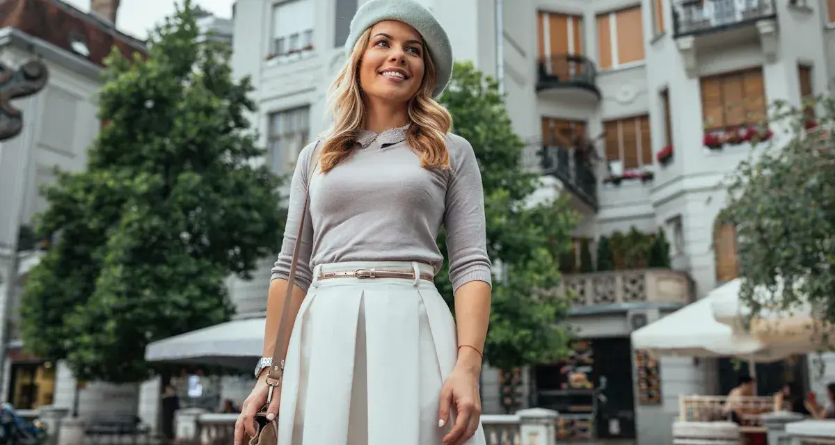 Une femme souriante porte un béret gris clair et une jupe blanche. Elle montre quelle couleur va avec le gris clair : le blanc et le beige de son sac.
