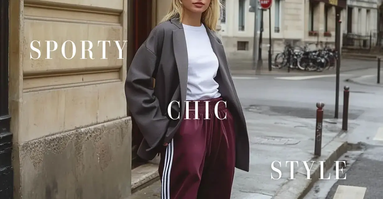 Une femme incarne le style casual femme, alliant blazer oversize, t-shirt blanc et pantalon de survêtement chic.