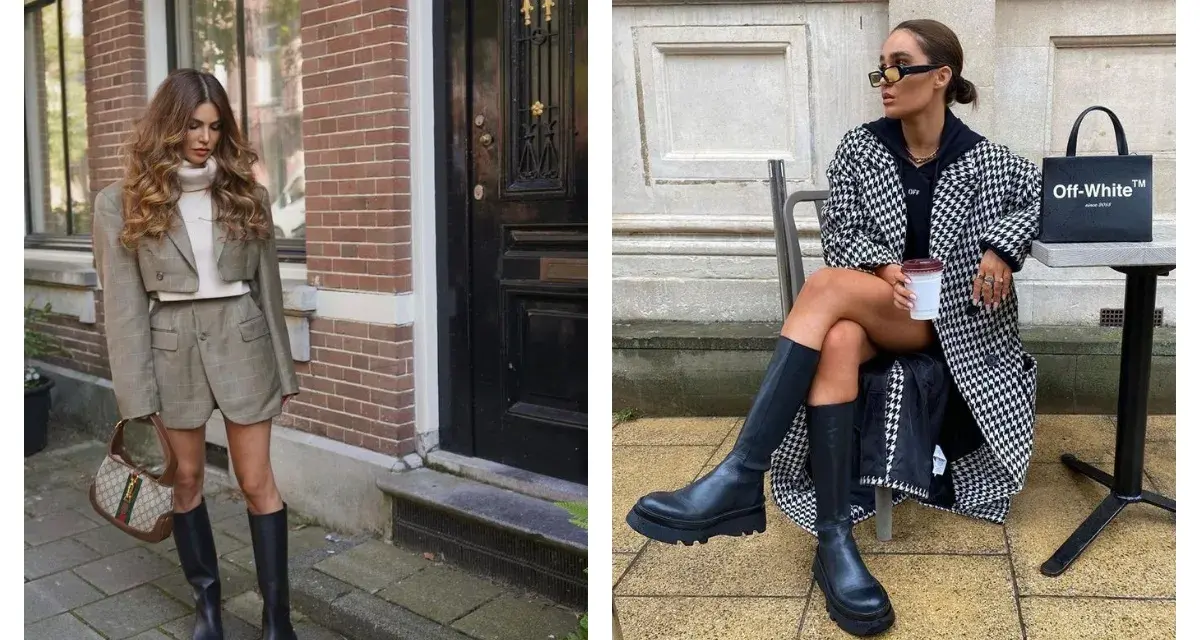 Deux femmes affichent un style audacieux avec des bottes hautes. L'une porte un tailleur-short à carreaux, l'autre un manteau pied-de-poule.