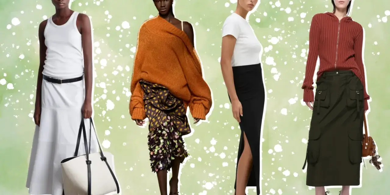 Look jupe longue blanche, noire, et kaki. Quatre mannequins présentent des tenues de mode, avec des jupes de différentes couleurs et styles.