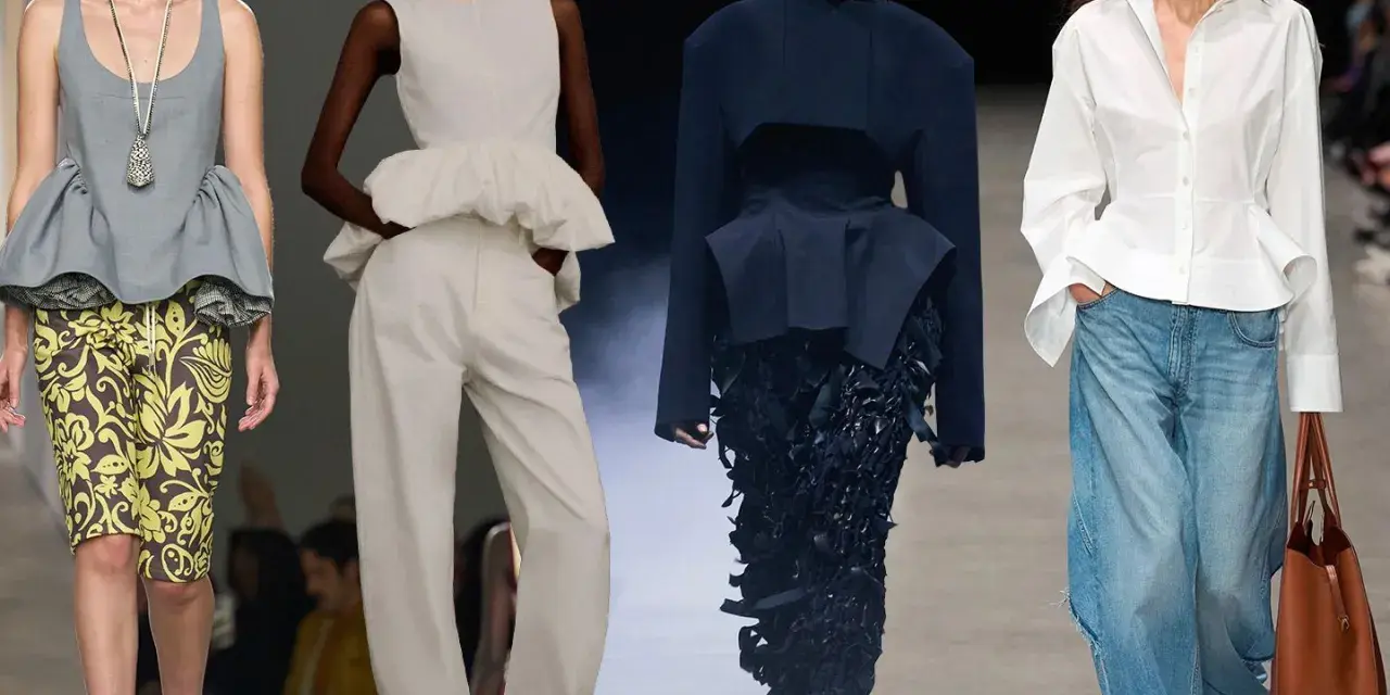 Découvrez le top peplum : une pièce mode évasée qui sublime la silhouette, portée ici en gris, blanc, noir et blanc.