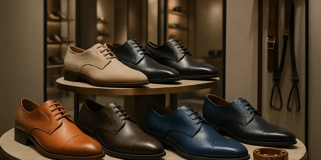 Ligne de chaussures élégantes : derbies et richelieus de différentes couleurs.