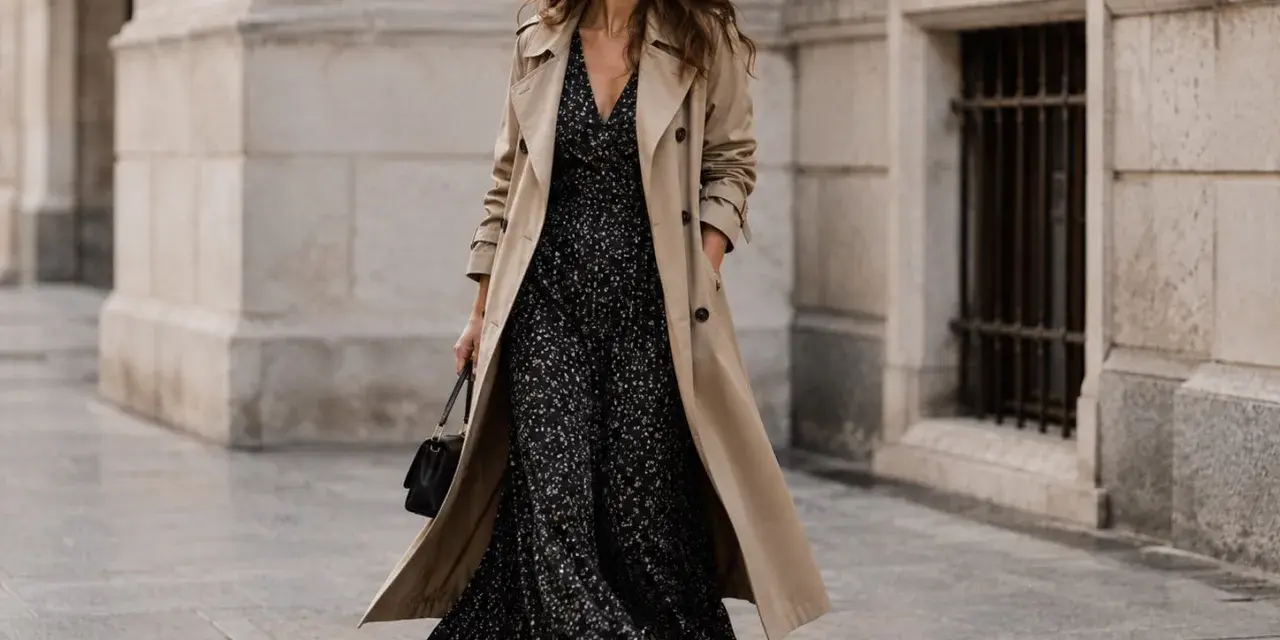 Une femme élégante marche dans la rue, portant quel manteau avec une robe longue fleurie.