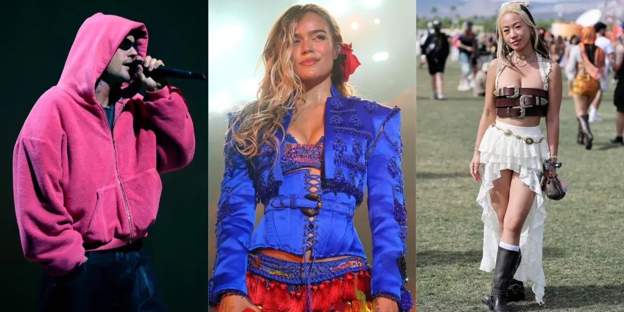 Trois looks pour le festival Coachella : un chanteur en rose, une artiste en bleu flamboyant, et une festivalière en blanc et cuir.