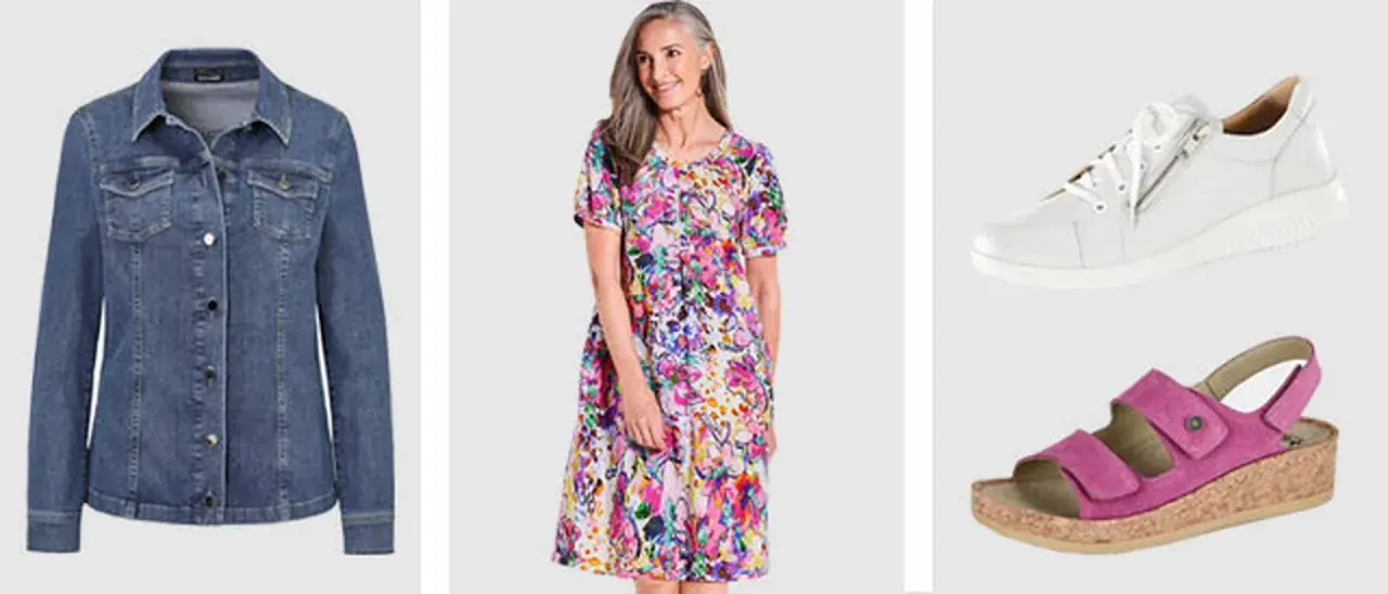 Vieux rose avec une robe fleurie, une veste en jean et des chaussures blanches et roses.