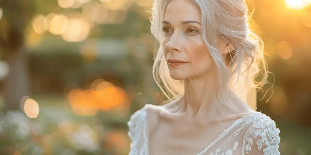Une mariée de 50 ans, rayonnante dans sa robe de dentelle, baignée par la lumière dorée du soleil couchant. Quelle robe magnifique pour se marier à 50 ans !
