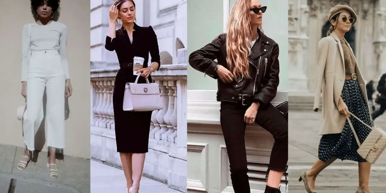 Quatre femmes stylées se mettent en valeur avec des tenues chics : blanc, noir, cuir et imprimé.