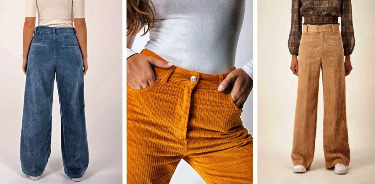 Trois pantalons en velours côtelé pour femme : bleu, moutarde et beige. Parfait pour un look décontracté, quelle chaussure avec pantalon velours femme ?