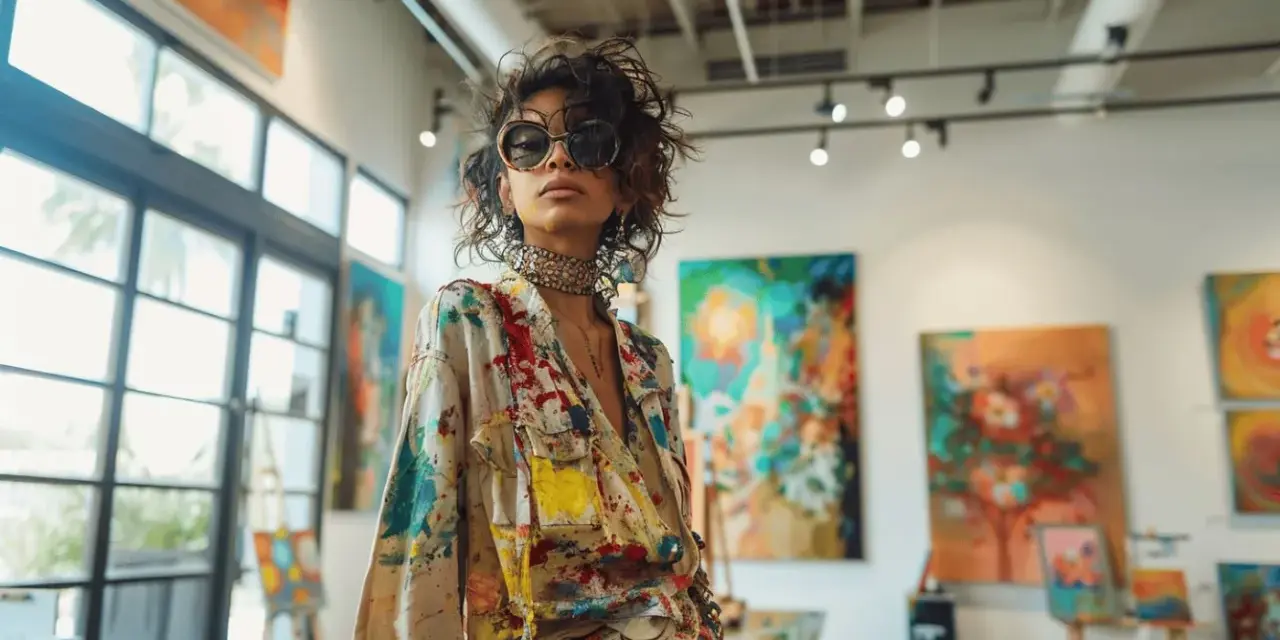 Une femme audacieuse, inspirée par l'art, montre comment s'habiller pour un vernissage avec une tenue éclaboussée de peinture.