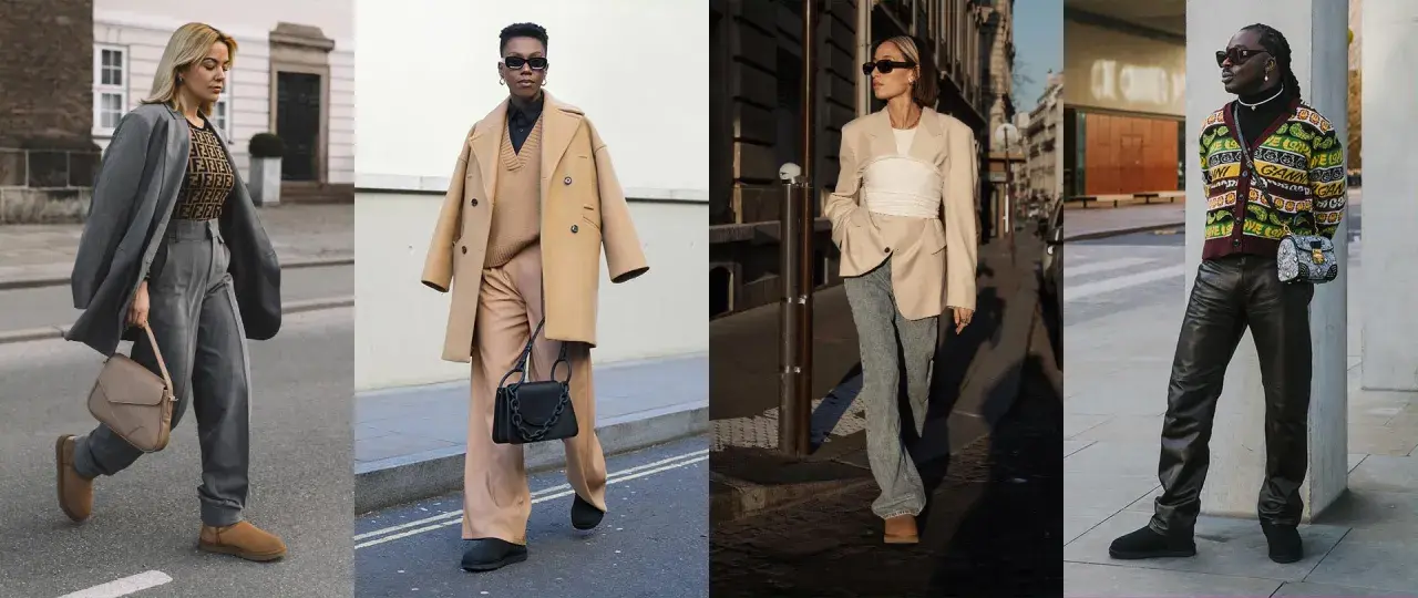 Quatre looks urbains : une femme en costume gris et ugg camel, une autre en manteau camel et pantalon large, une troisième en blazer beige et jean, et un homme en pantalon cuir et cardigan coloré.