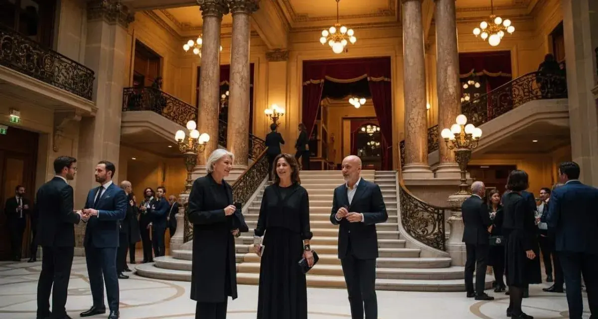 Trois personnes en tenue d'opéra discutent dans un grand hall orné de colonnes et d'escaliers majestueux.