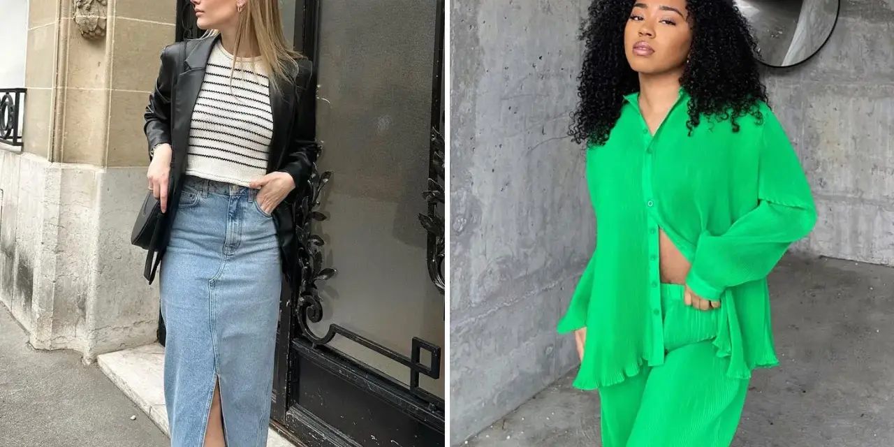 Deux femmes présentent des looks tendance pour le printemps 2026 : l'une en jupe en jean longue et blazer, l'autre en ensemble vert vif plissé.