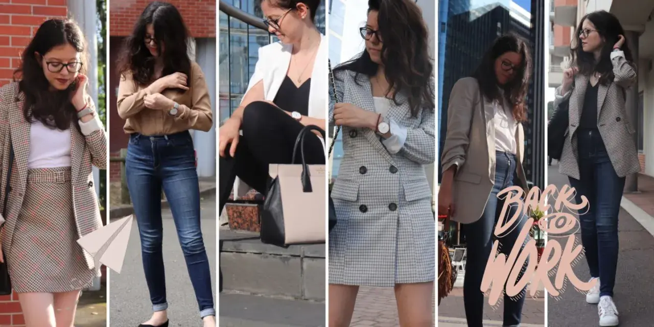 Une jeune femme en tenues professionnelles, prête pour le travail. Elle porte des blazers, des jeans et des jupes, un look de working girl moderne.
