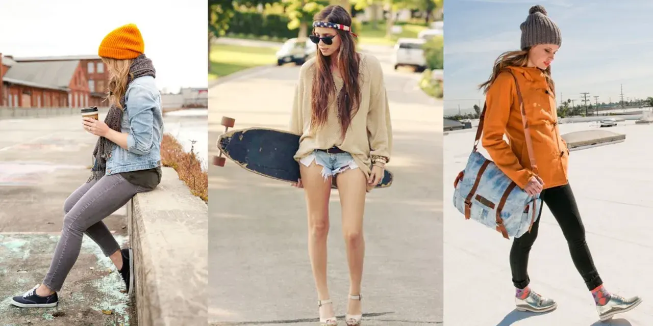 Trois jeunes femmes adoptent un style vestimentaire surfeur décontracté, avec des tenues variées et des accessoires tendance.