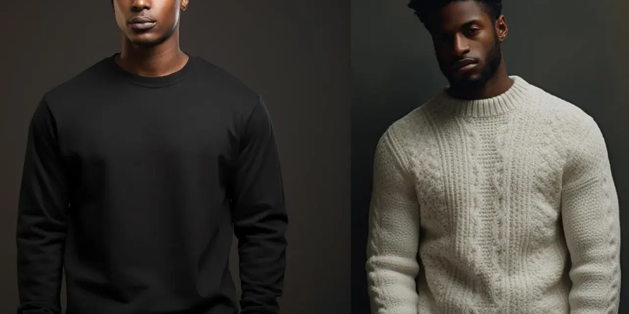 Deux hommes côte à côte. L'un porte un sweat noir uni, l'autre un pull en maille épaisse crème. La différence entre pull et sweat est claire.
