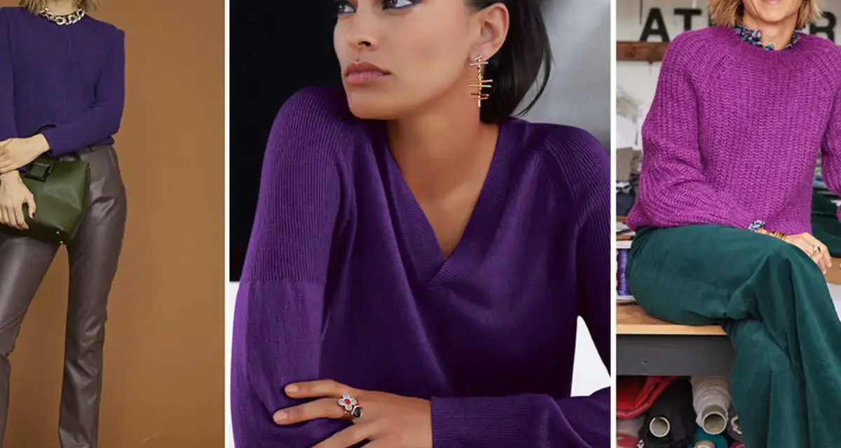 Trois femmes portent des pulls d'un magnifique couleur violet. L'une tient un sac vert, une autre arbore des bijoux dorés, et la troisième sourit, entourée de fils.