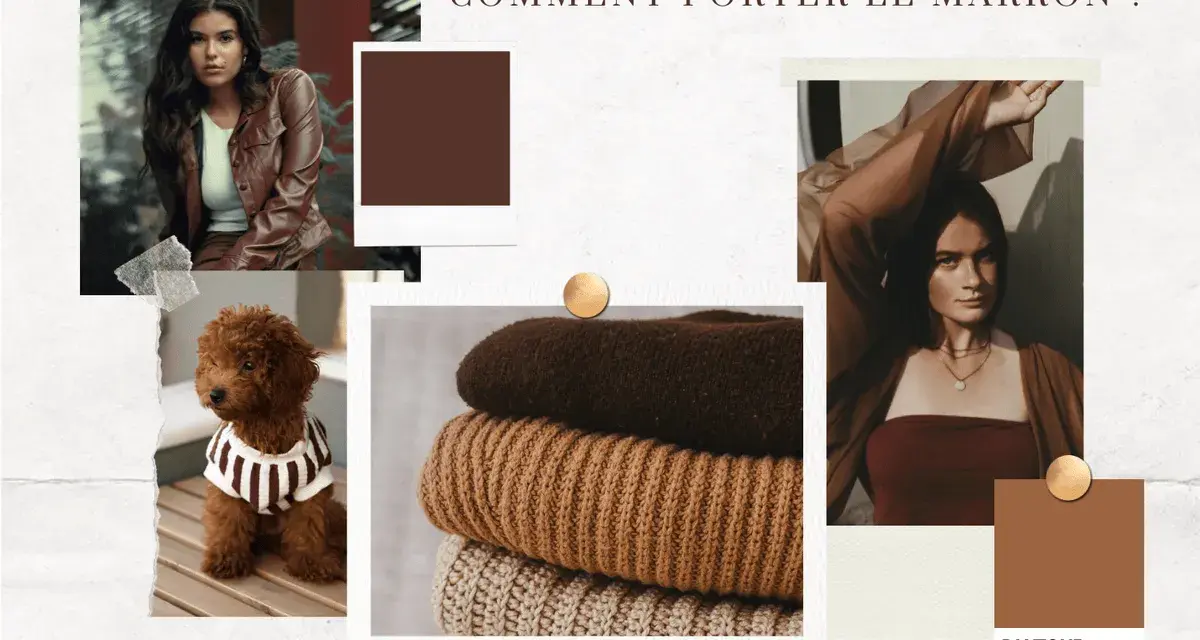 Inspiration mode : quelle couleur va avec le marron ? Une femme en veste de cuir, un caniche adorable, des pulls douillets et une palette de couleurs chaudes.