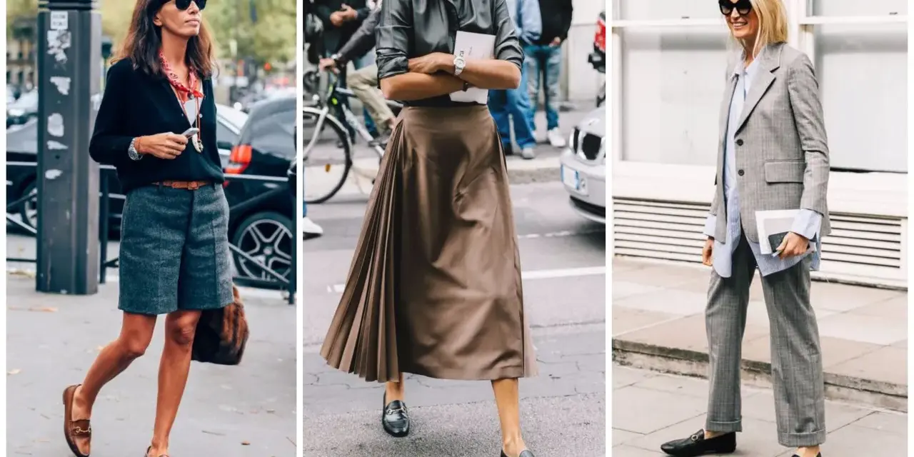 Trois femmes arborent des tenues élégantes, dont un mocassin short, une jupe plissée et un tailleur pantalon.