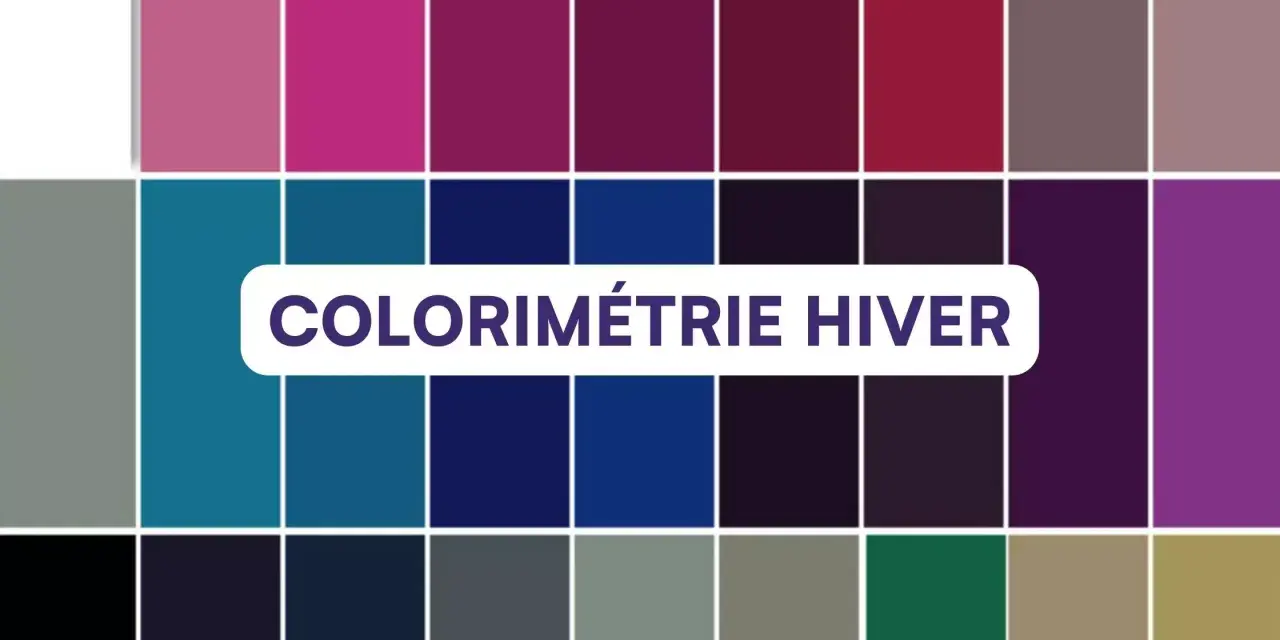 Palette de couleurs pour la colorimétrie femme hiver : bleus vifs, violets profonds, roses froids et gris.