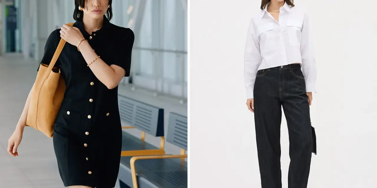 Deux looks pour savoir comment s'habiller pour une photo de classe : une robe noire chic et un ensemble chemise blanche et jean.