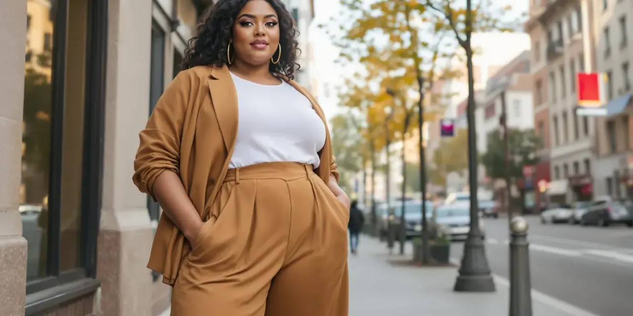 Une femme porte un blazer et un pantalon large camel, avec un haut blanc. Elle pose dans la rue, les mains dans les poches.