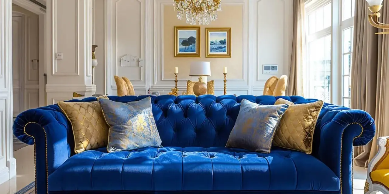 Canapé bleu roi somptueux, rehaussé de coussins dorés et bleus. Quelle couleur associer au bleu roi ? L'or, pour une touche royale.