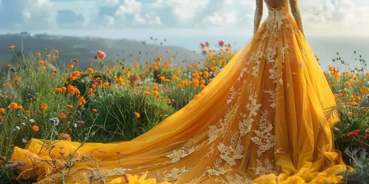 Une mariée porte une robe jaune éclatante dans un champ de fleurs sauvages. La robe de mariée jaune, symbole de joie et de bonheur, contraste avec le paysage verdoyant.