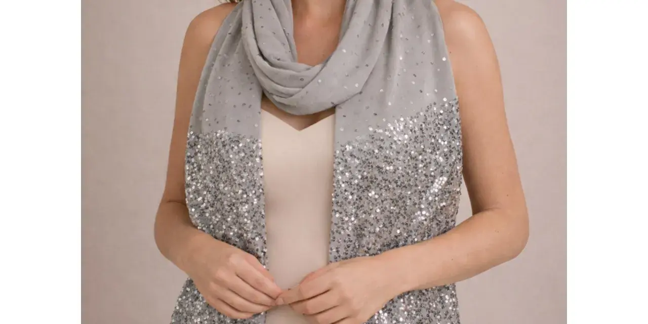 Une femme porte une étole grise à paillettes sur une robe de soirée. Idéal pour savoir comment porter une étole sur une robe de soirée.