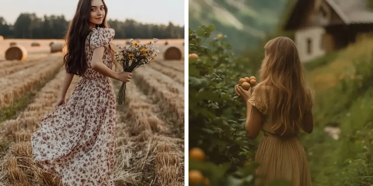 Deux jeunes femmes dans un champ de blé et près d'une cabane, style cottagecore. L'une tient un bouquet de fleurs sauvages, l'autre des fruits.