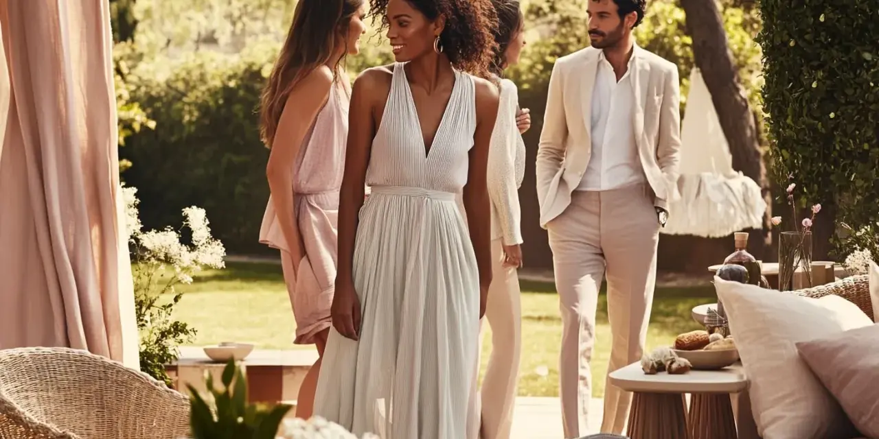Des idées pour comment s'habiller pour un brunch ensoleillé : robes légères et costumes décontractés dans un jardin luxuriant.